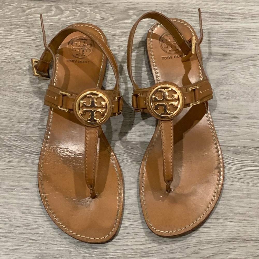 Tory Burch Brown and Gold Sandals - Size 10